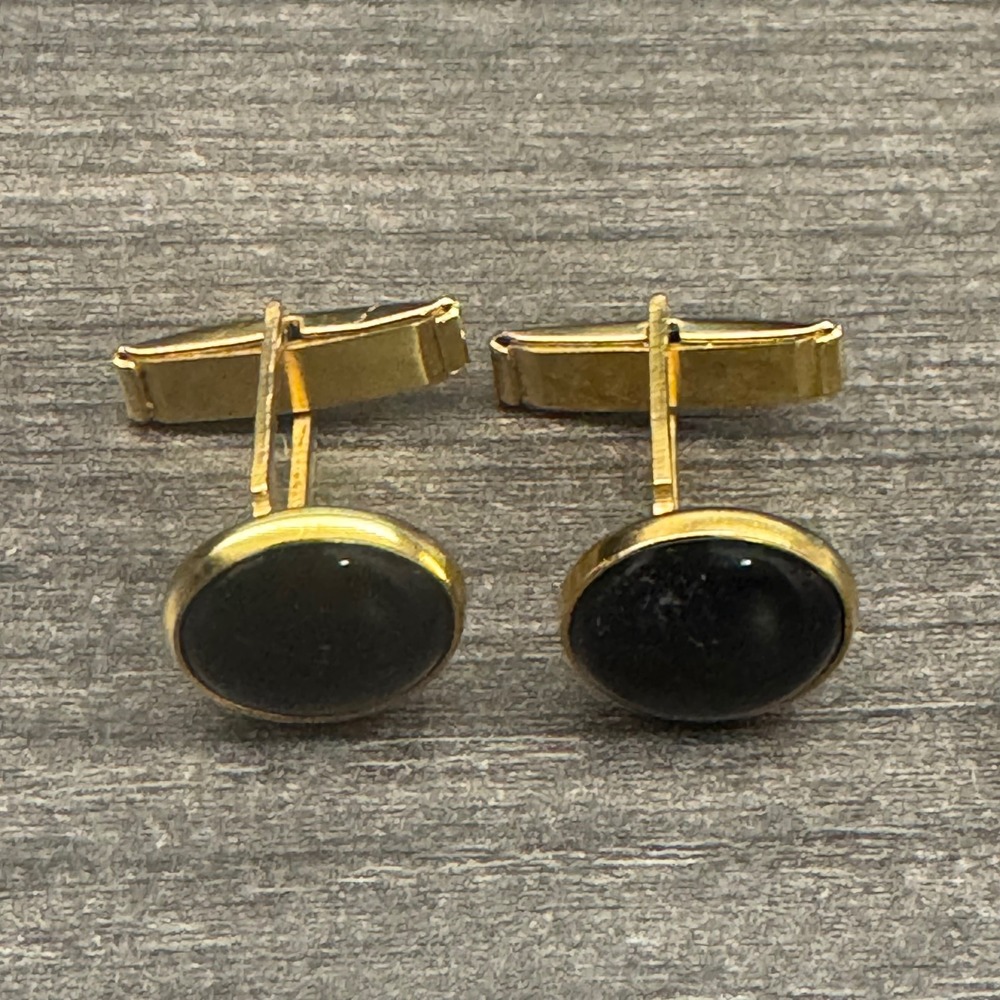 Unbranded Cufflinks Mens OS Gold Black Excellent Vintage Oval Stone Toggle Back